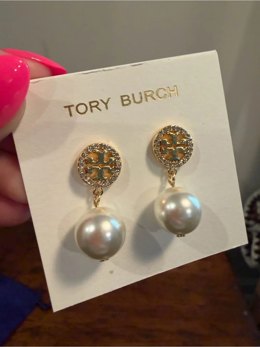 Tory Burch Gold Logo Pearl Drop Earrings with Dust Bag NWT